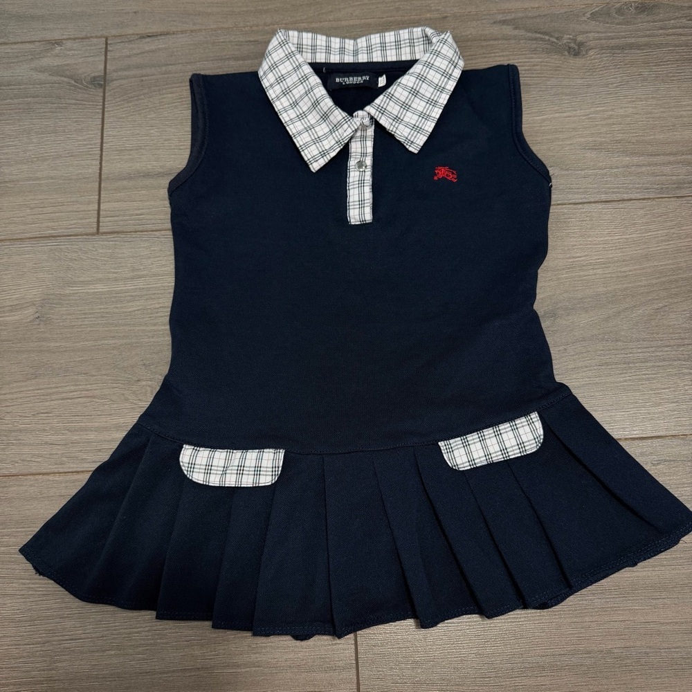 Kids Navy Polo Dress with Plaid Collar- Girl’s dress